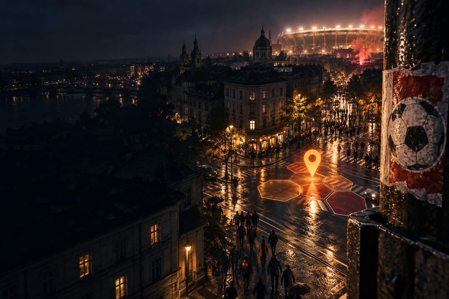Eine nächtliche Stadt vor dem Derby mit leuchtendem GPS-Marker und Gebietshexagonen auf einer nassen Kreuzung.