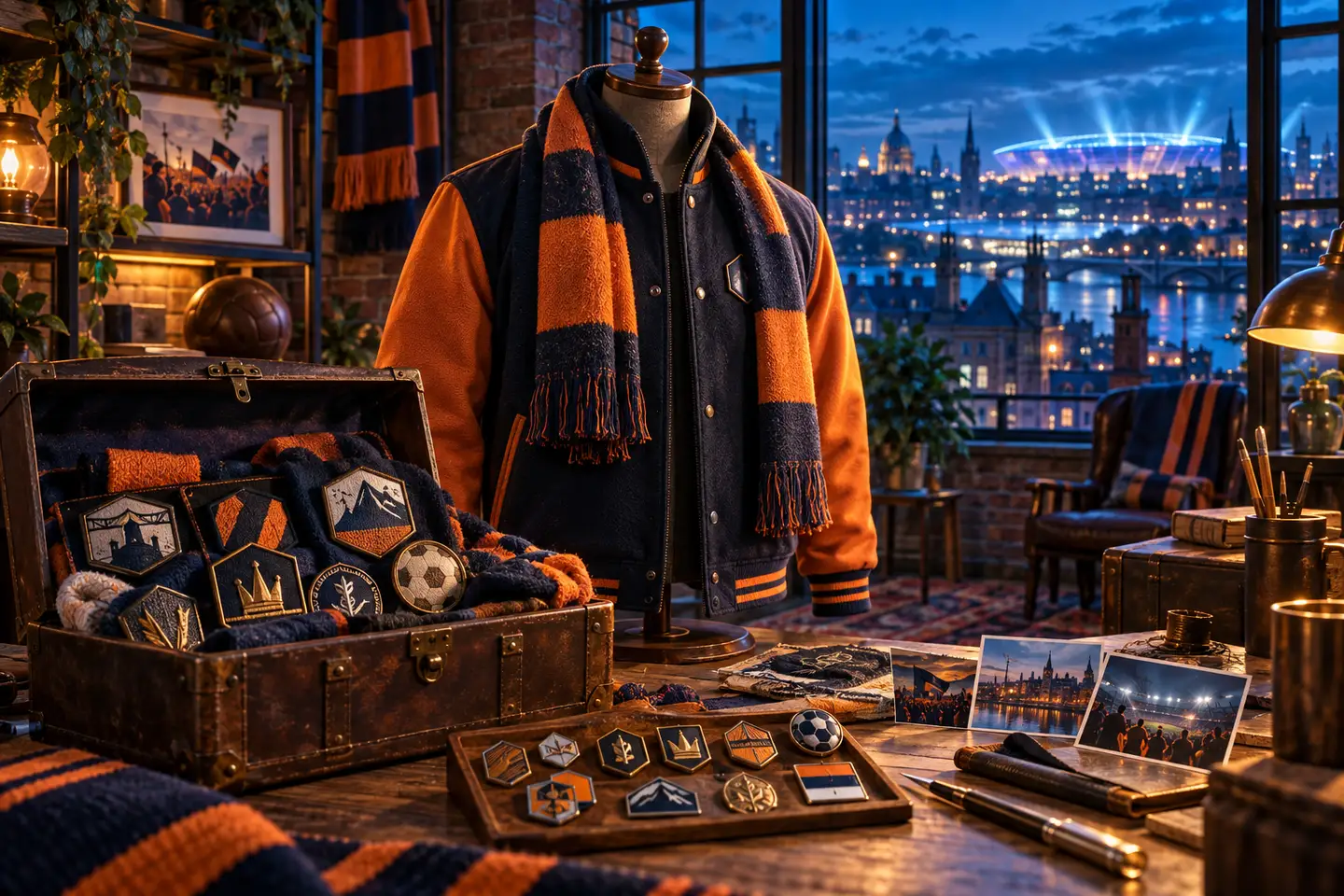 A supporter workshop with a club-colour scarf and jacket, collected patches and keepsakes, overlooking a brightly lit city and stadium.